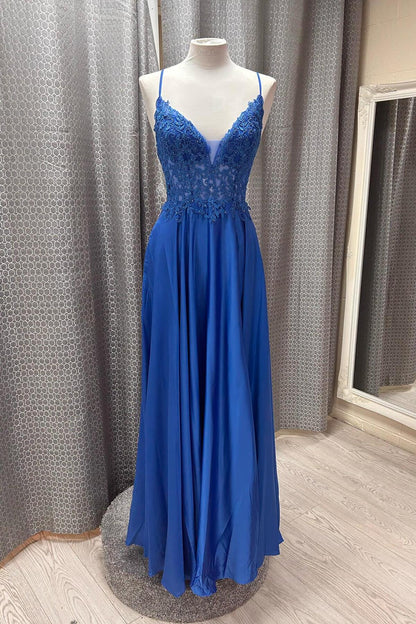 Straps Royal Blue Lace Appliques A-line Prom Dress
