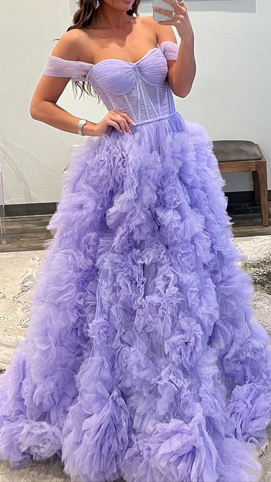 Off The Shoulder Lilac Tulle Prom Dresses Long