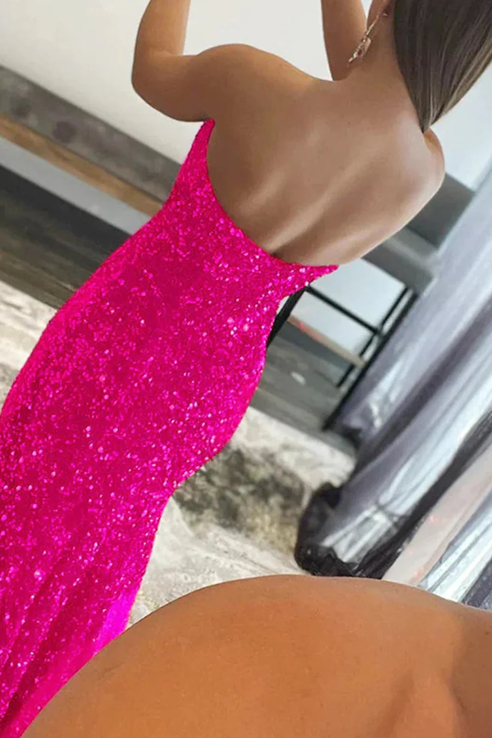 Hot Pink Sequins Mermaid Long Prom Dress