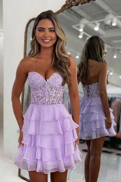 A-Line Strapless Tiered Corset Short Homecoming Dress with Appliques