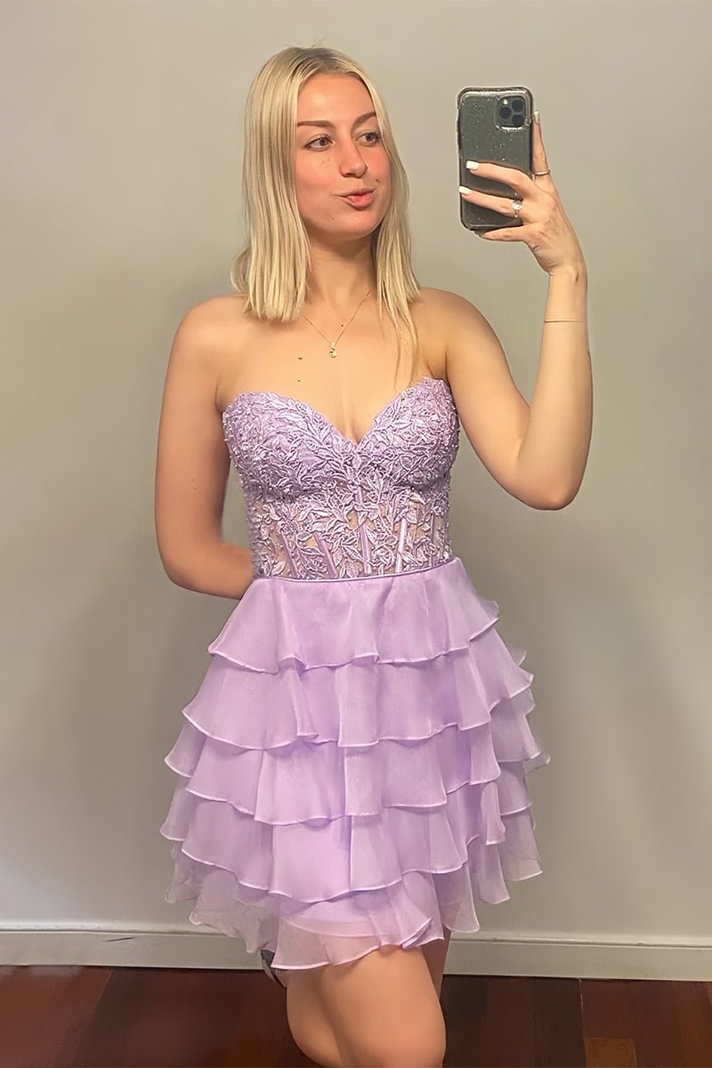 A-Line Strapless Tiered Corset Short Homecoming Dress with Appliques