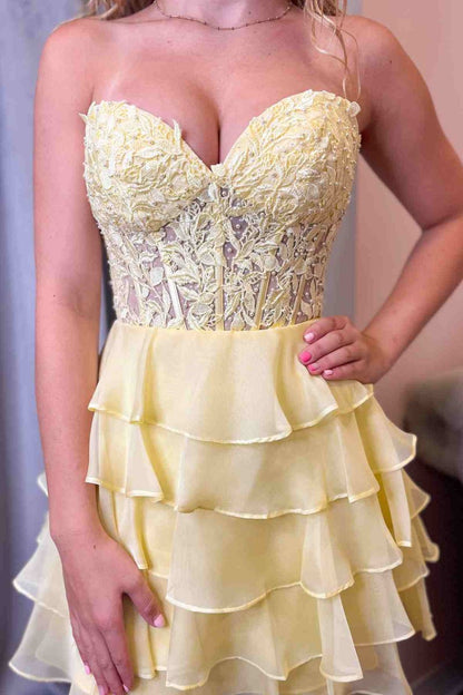 A-Line Strapless Tiered Corset Short Homecoming Dress with Appliques
