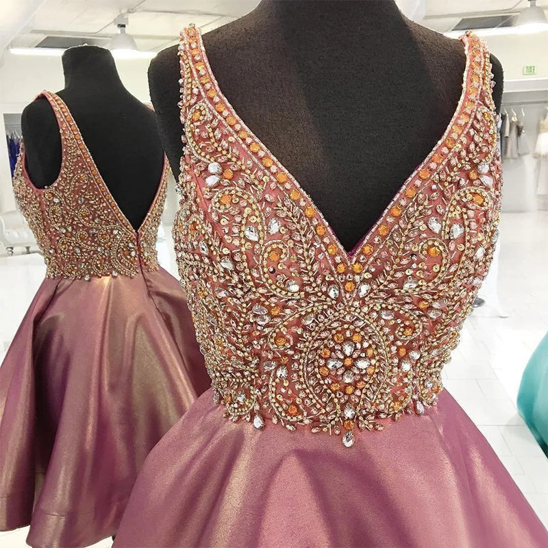 Dusty Rose Stunning Rhinestone Sparkly Beaded Top Homecoming Dresses