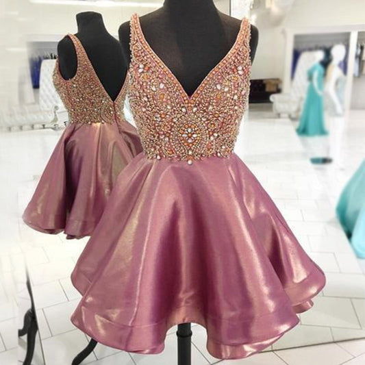 Dusty Rose Stunning Rhinestone Sparkly Beaded Top Homecoming Dresses
