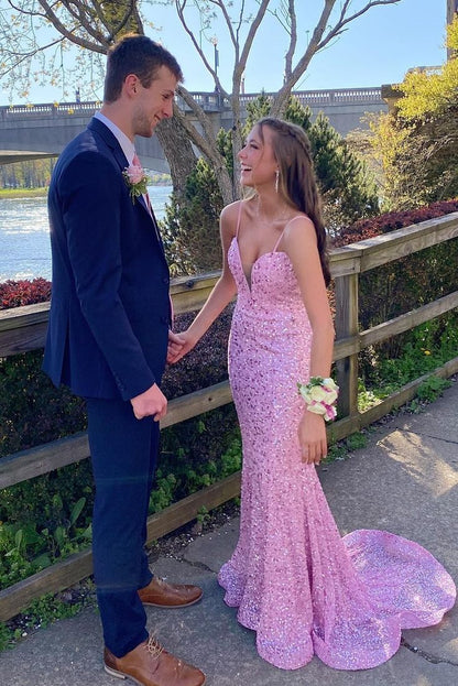 Spaghetti Straps Pink Sequined Mermaid Prom Dress