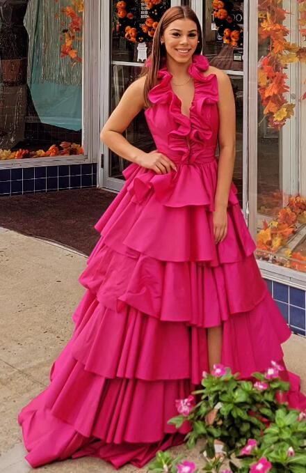 Fuchsia Halter Deep V-neck Prom Dresses