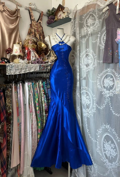 Vintage Blue Mermaid Long Prom Dresses Beaded Satin Evening Dresses Birthday Dresses,LTP4476