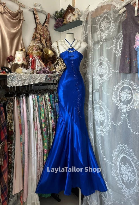 Vintage Blue Mermaid Long Prom Dresses Beaded Satin Evening Dresses Birthday Dresses,LTP4476