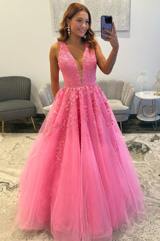 Gorgeous A Line V Neck Pink Tulle Prom Dress with Appliques