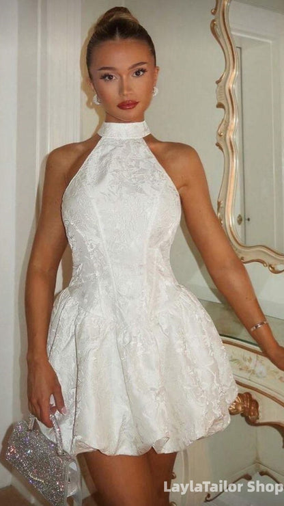Light Champagne Halter Floral Print Homecoming Dresses Sleeveless Mini Party Dress
