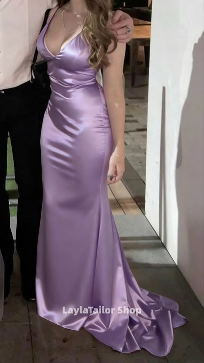 Chic Halter Mermaid Prom Dresses Long Satin V-Neck Evening Formal Dress,LTP4502