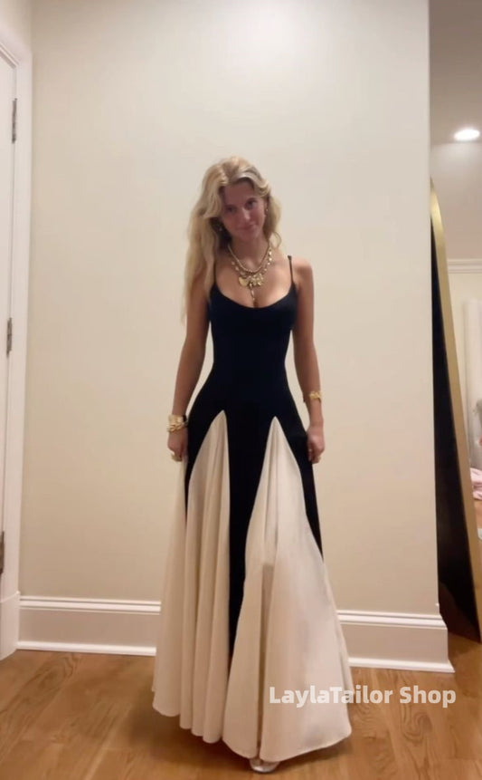 Black White Spaghetti Straps A-Line Prom Dresses,LTP4458