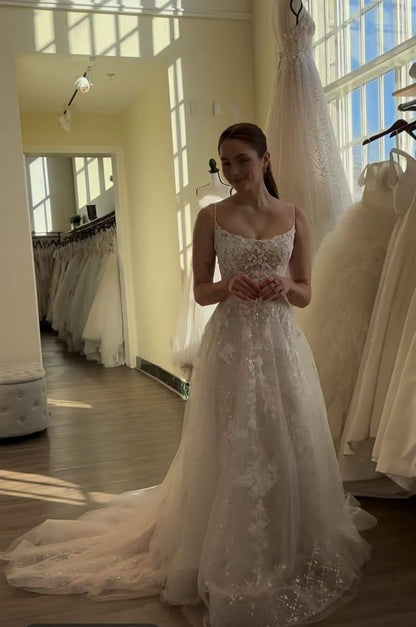 Elegant A Line Sparkly Appliques Long Wedding Dress Princess Evening Dress