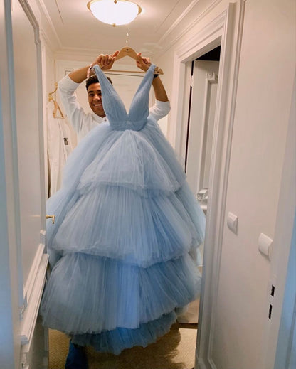 Elegant V-Neck Baby Blue Tulle Ball Gown Long Prom Dress