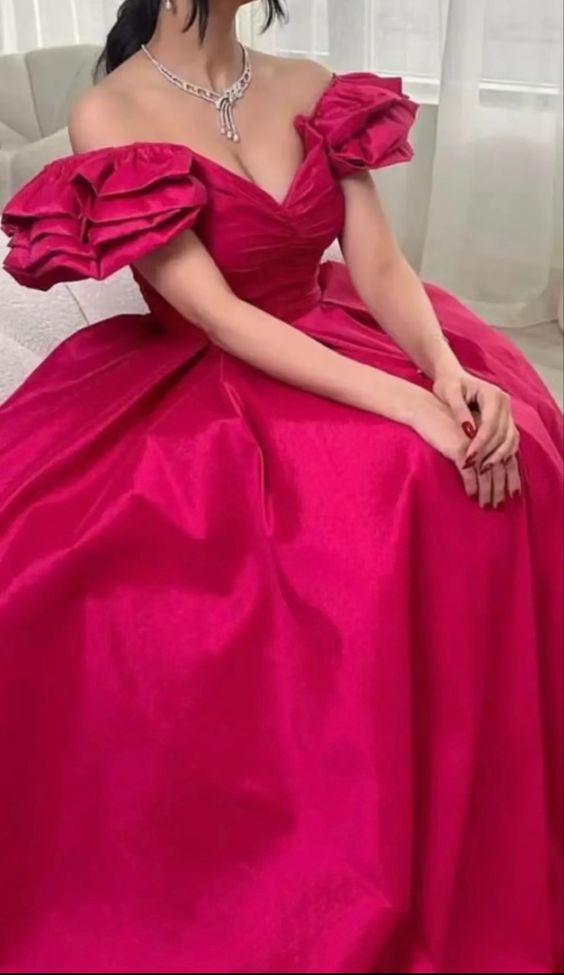 Off The Shoulder A-Line Hot Pink Evening Prom Dress