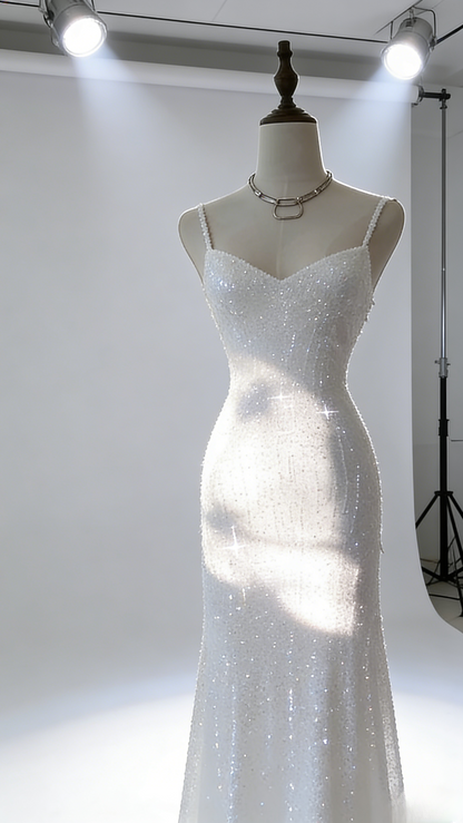 Chic Pink Long Prom Dresses Spaghetti Straps Sheath Evening Dresses Sequins Tulle Sleeveless Party Dresses