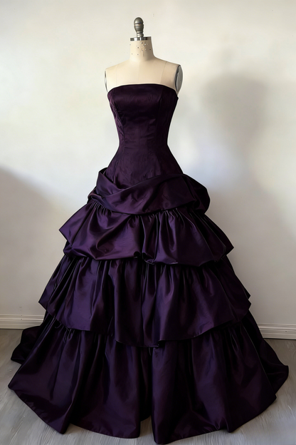 Gorgeous A-Line Burgundy Prom Dress Satin Strapless  Long Evening Dress Sleeveless Birthday Dress