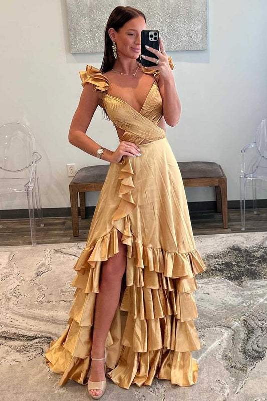 Sexy Cross Top Ruffles Prom Dresses With Slit