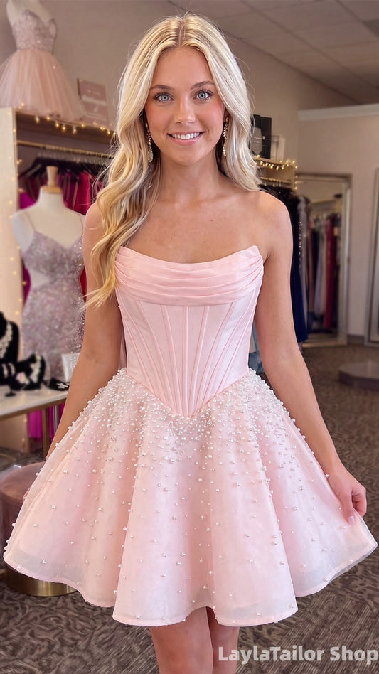 Charming Pink A-Line Homecoming Dress Pearl Beaded Hoco Dresses