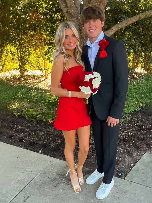 Red - A-Line Strapless Ruffles Mini Party Dresses