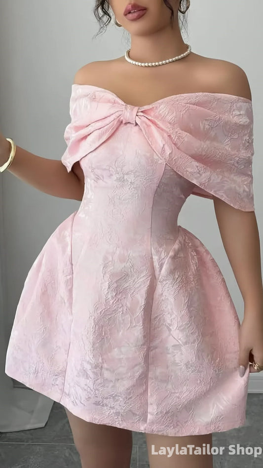 Off The Shoulder Pink Floral Print Homecoming Dresses