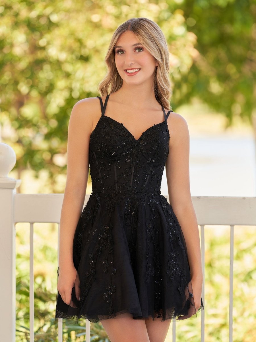 A-Line Lace Spaghetti-Straps Black short Homecoming Dress