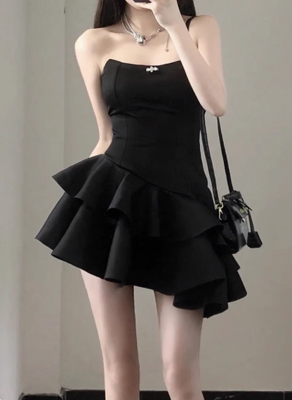 Elegant Black Satin Tube Top Irregular Birthday Tutu Homecoming Dress