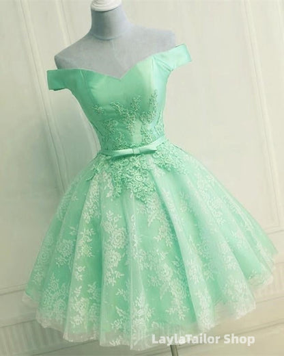 Elegant Lace Appliques Satin Off The Shoulder Homecoming Dress Short