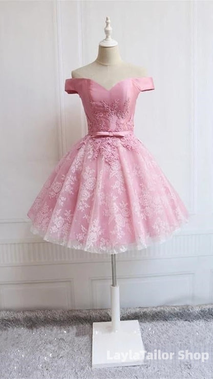 Elegant Lace Appliques Satin Off The Shoulder Homecoming Dress Short