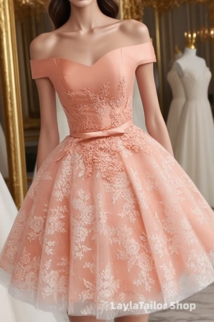 Elegant Lace Appliques Satin Off The Shoulder Homecoming Dress Short