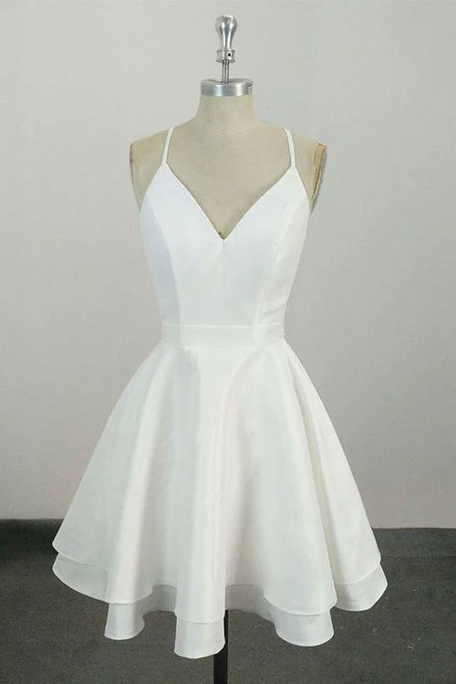 Elegant White V Neck Knee Length Short Prom Dress Homecoming Dress