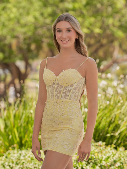 Yellow Spaghetti Straps Tight Short Homecoming Dress with Appliques