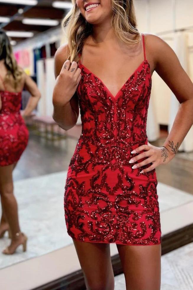  Royal Blue V Neck Bodycon Mini Party Dresses with Sequins Appliques