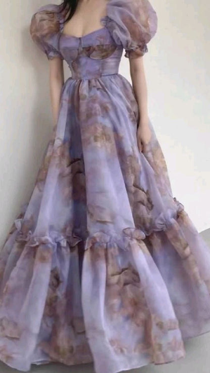 Purple Floral A-Line Evening Prom Dresses With Bubble Sleeves