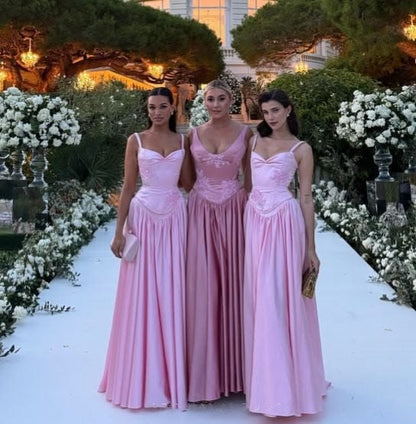 Pink Retro Elegant A-Line Spaghetti Strap Satin Long Evening Dress Birthday Party Dress Bridesmaid Dress,LTP3635