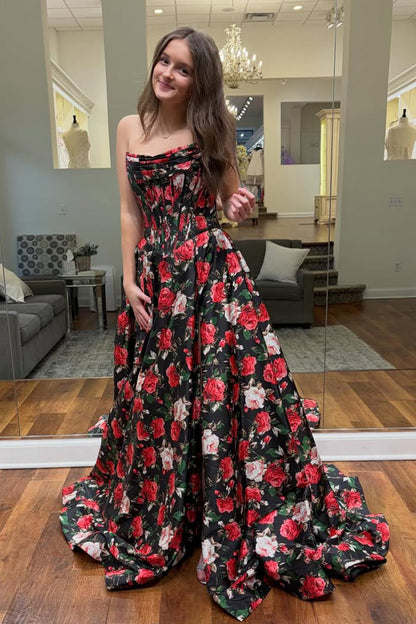 A Line Strapless Floral Satin Long Prom Dress with Slit