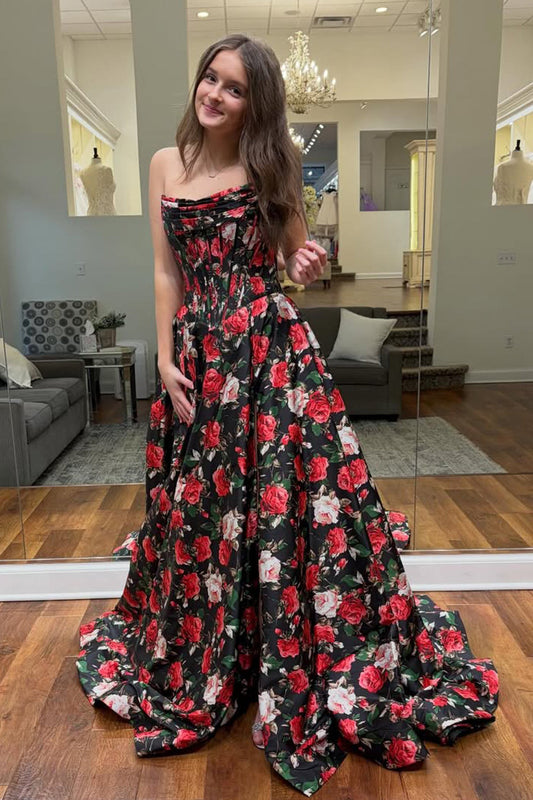 A Line Strapless Floral Satin Long Prom Dress with Slit