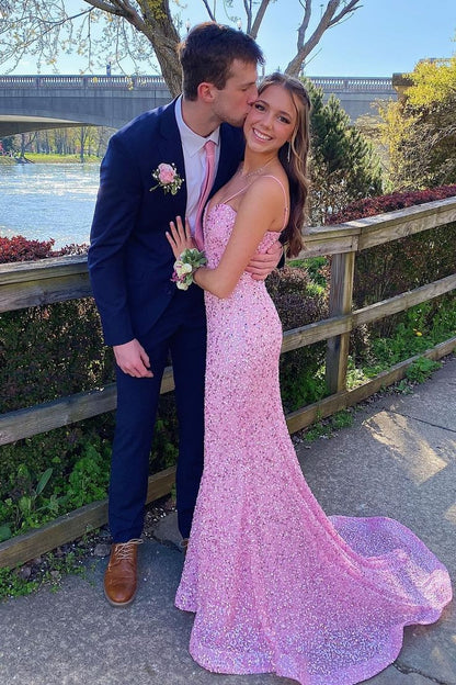 Spaghetti Straps Pink Sequined Mermaid Prom Dress