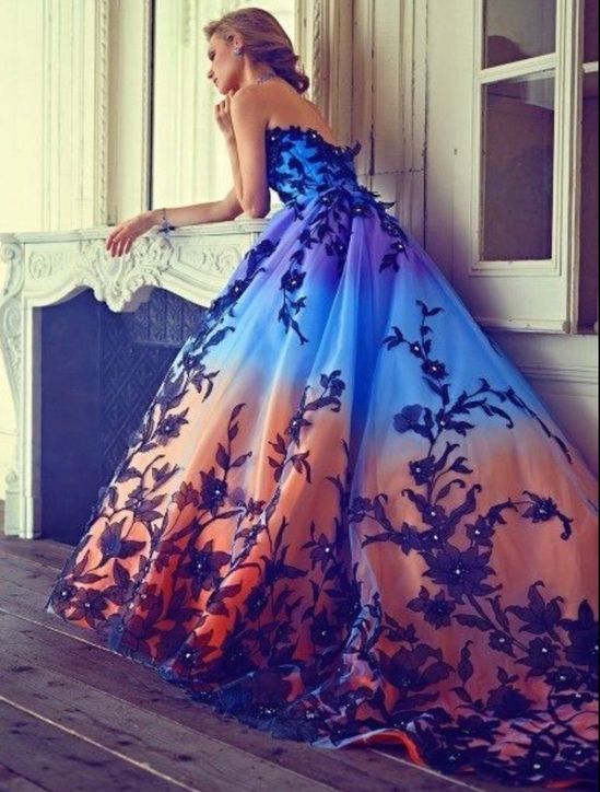 Gradient Color Appliques Beaded Quinceanera Dress,Strapless Long Prom Dress