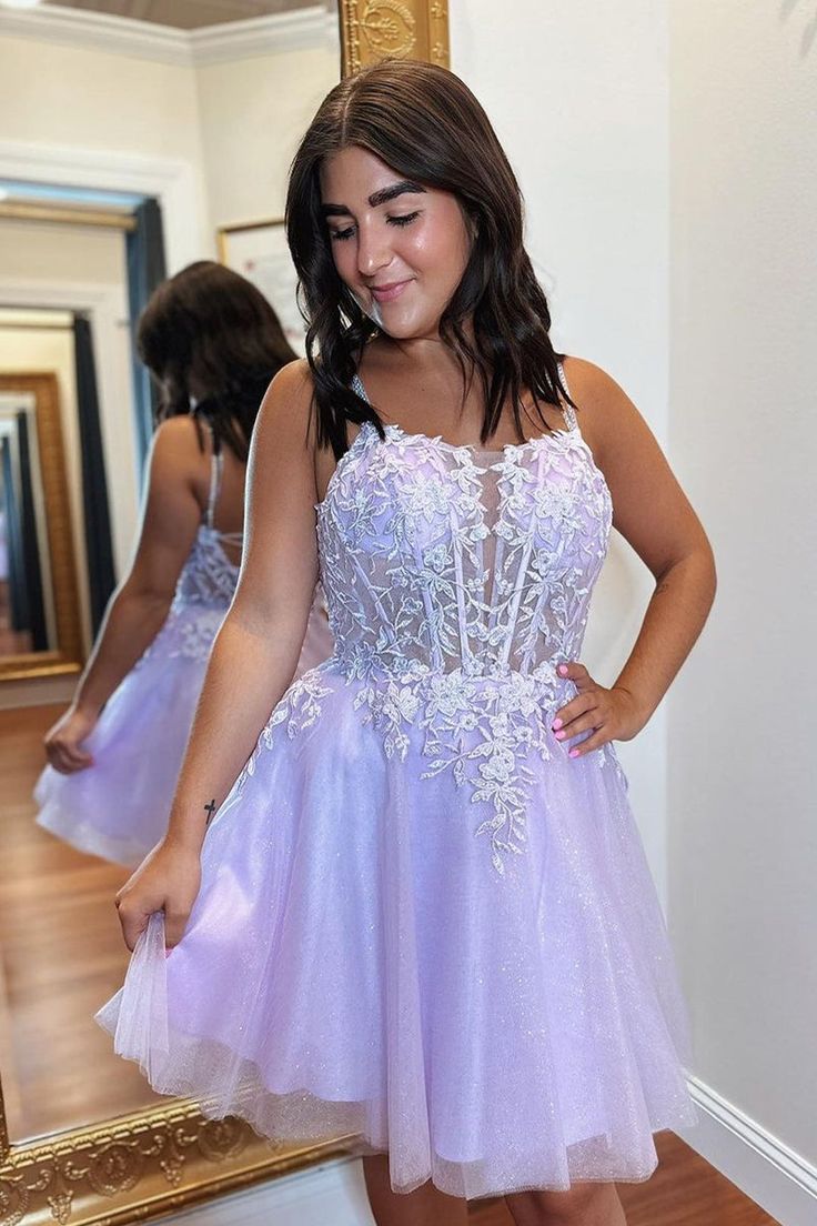 Lilac Straps A-Line Applique Tulle Homecoming Dresses