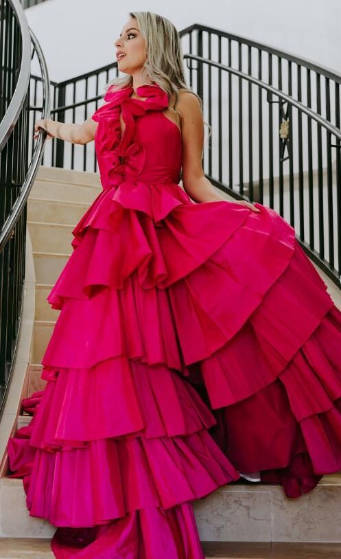 Fuchsia Halter Deep V-neck Prom Dresses