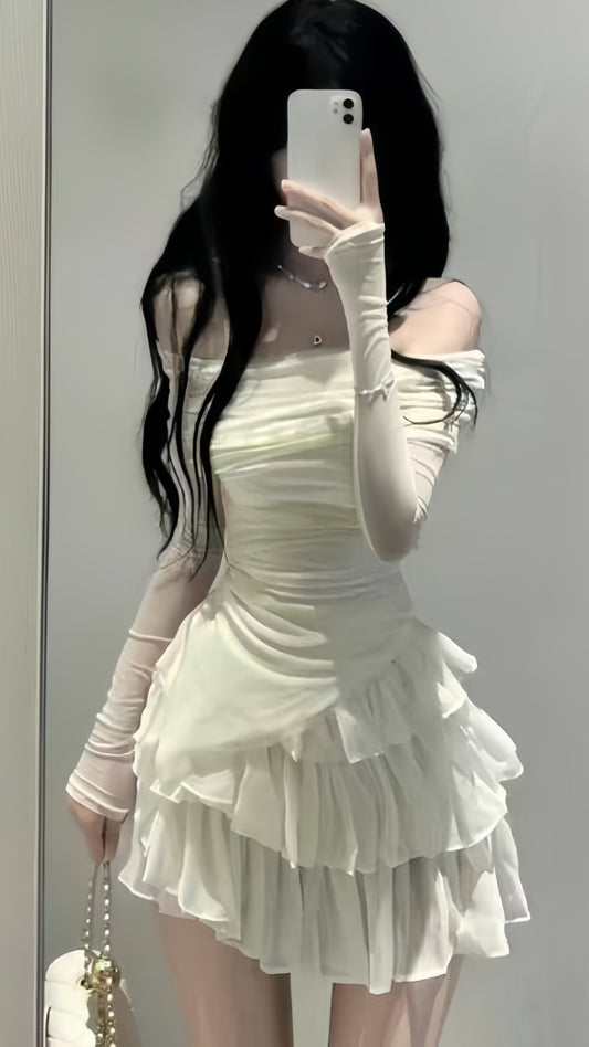 Off The Shoulder Chiffon Long Sleeves Homecoming Dresses Ivory Short Prom Dress,LTP3901