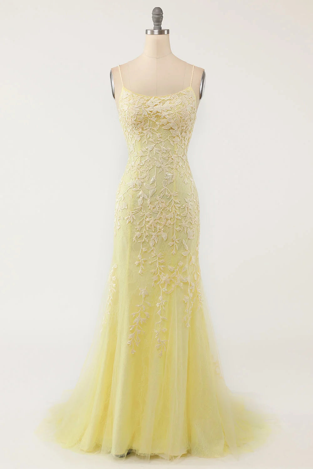 Pastel Yellow Mermaid Lace Evening Prom Dress