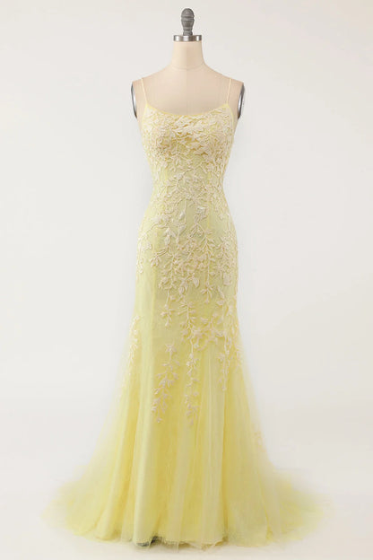 Pastel Yellow Mermaid Lace Evening Prom Dress