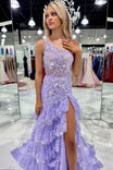 Split Front Velvet Appliques One Shoulder A-Line Long Prom Dress with Beads