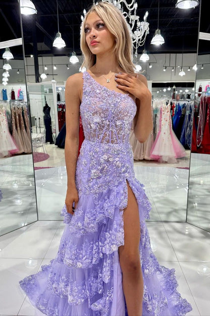 Luxury Lace One Shoulder Sequined Appliques Multi Layers Split Prom Dress