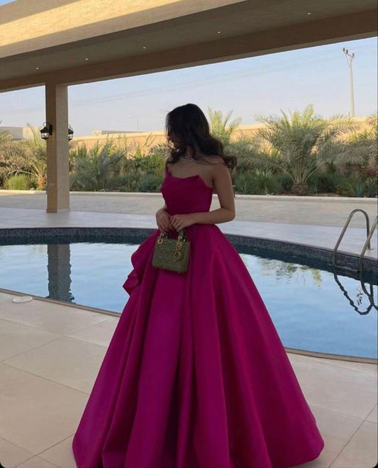 Sleeveless Fuchsia A-Line Satin Formal Prom Dress, Hot Pink Birthday Dress