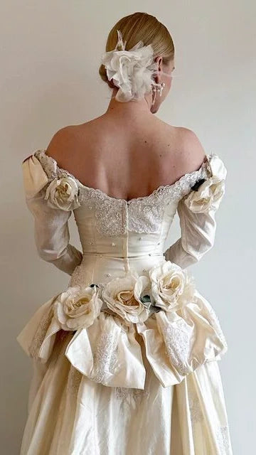 Vintage Long Sleeves Bridal Dresses Off The Shoulder Floral 90's Wedding Dress,LTP3691
