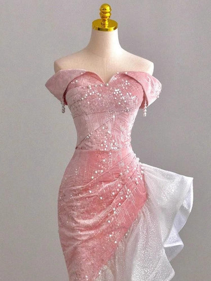 Super Sweet Bodycon Party Dress Off The Shoulder Irregular Pink Glitter Prom Dresses,LTP4348