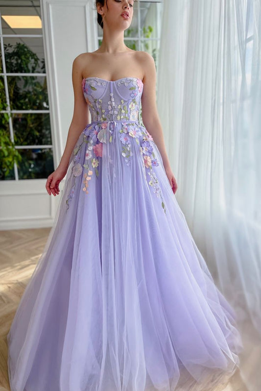 Strapless Lilac 3D Flowers Tulle Prom Dresses